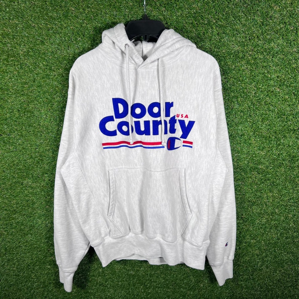 Champion Reverse Weave Door County USA Hoodie Light Gray Pullover Men's Medium